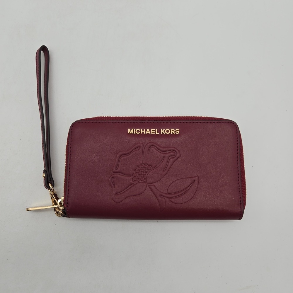 Michael Kors Wallet Card Holder Red Leather Embossed Flower Gold Hardware